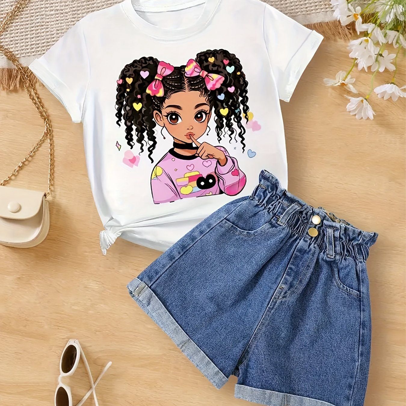 Girls&#39; Short Sleeve T-Shirt with Cartoon Portrait Print, Size: 1-2Y