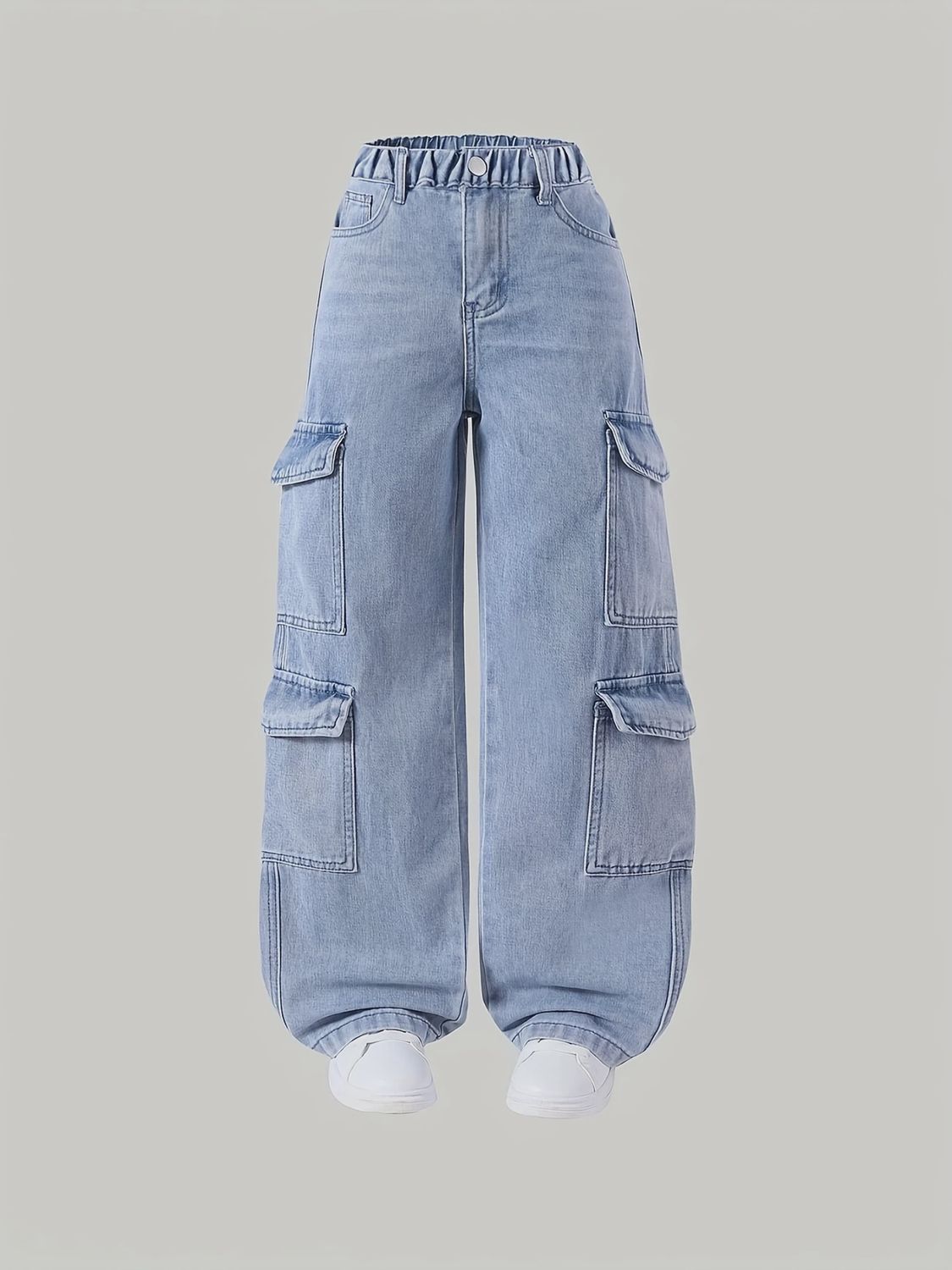 Light Blue Girls&#39; Denim Cargo Pants with Multi-Pocket Design, Size: 9-10Y
