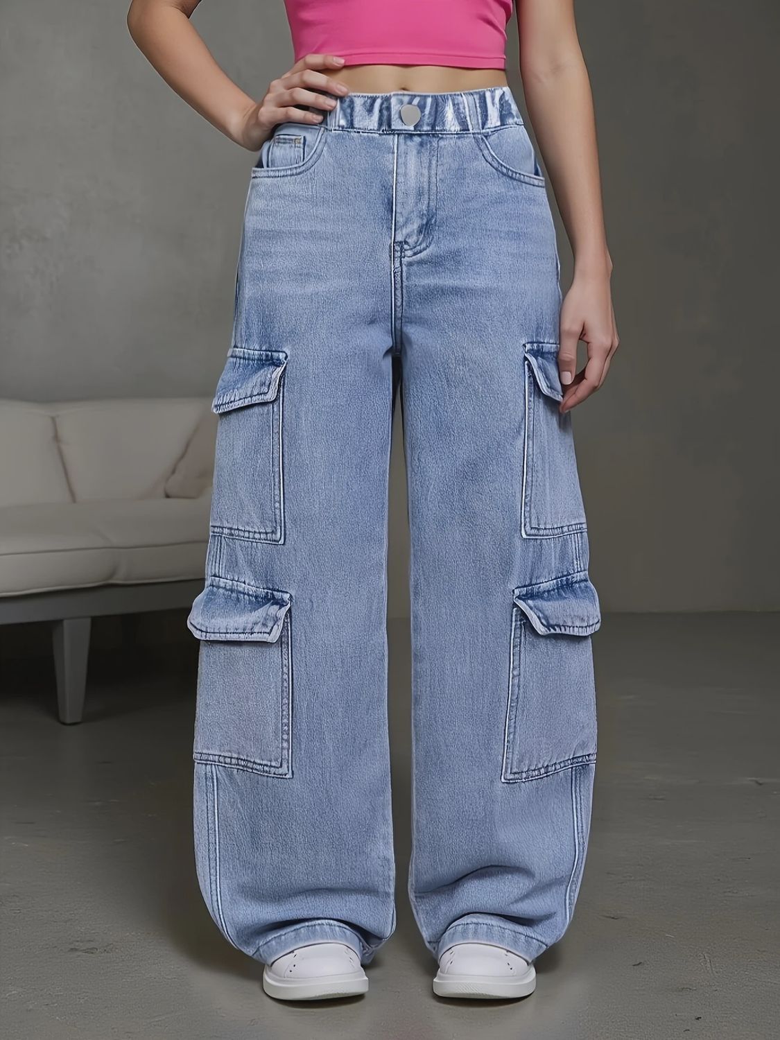 Straight-Leg Denim Cargo Pants Featuring a Loose Fit And Multiple Pockets,, Size: 9-10Y