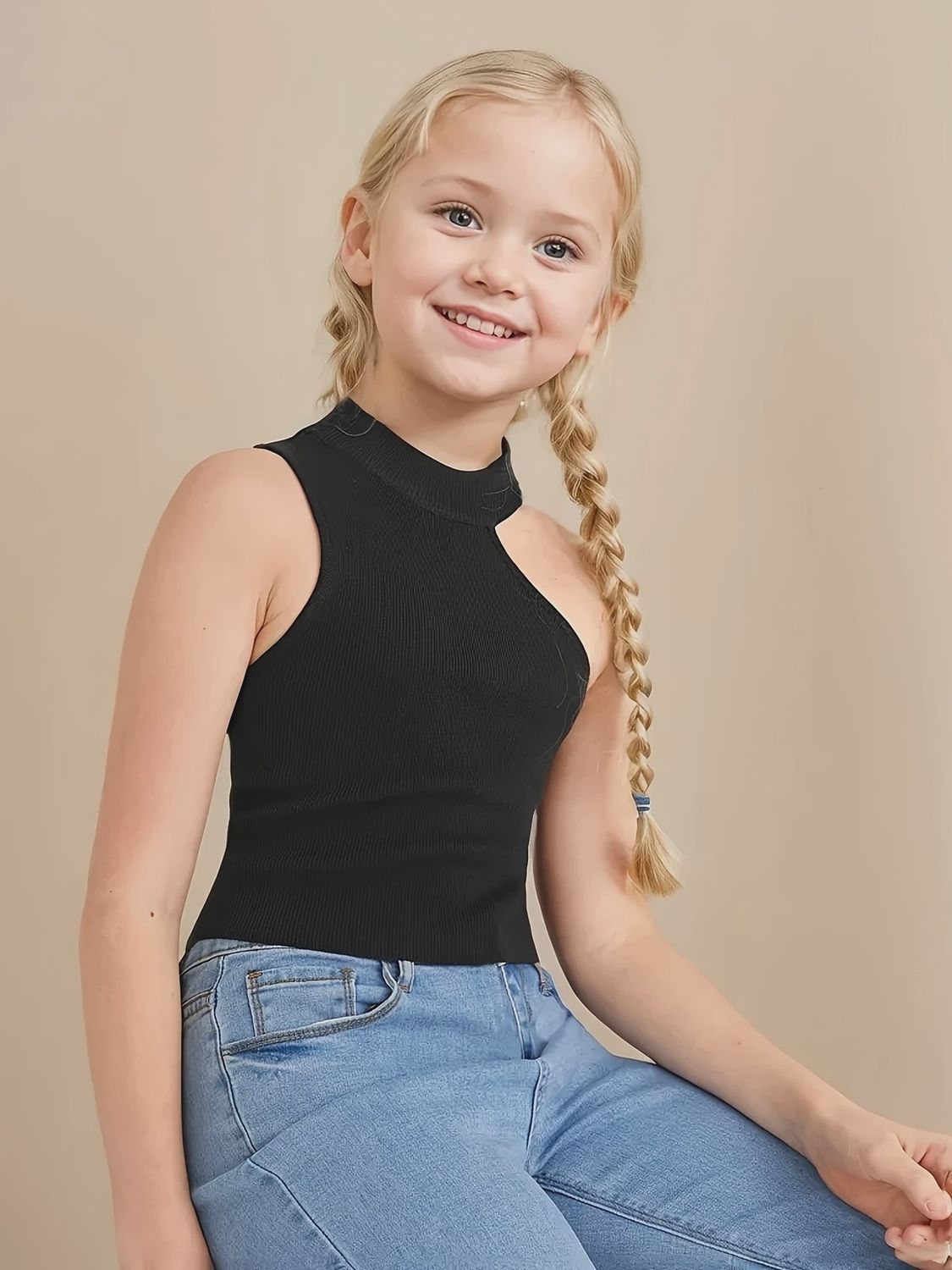 Chic Girls&#39; Sleeveless Black Knit Top with Asymmetrical Neckline, Size: 7-8Y