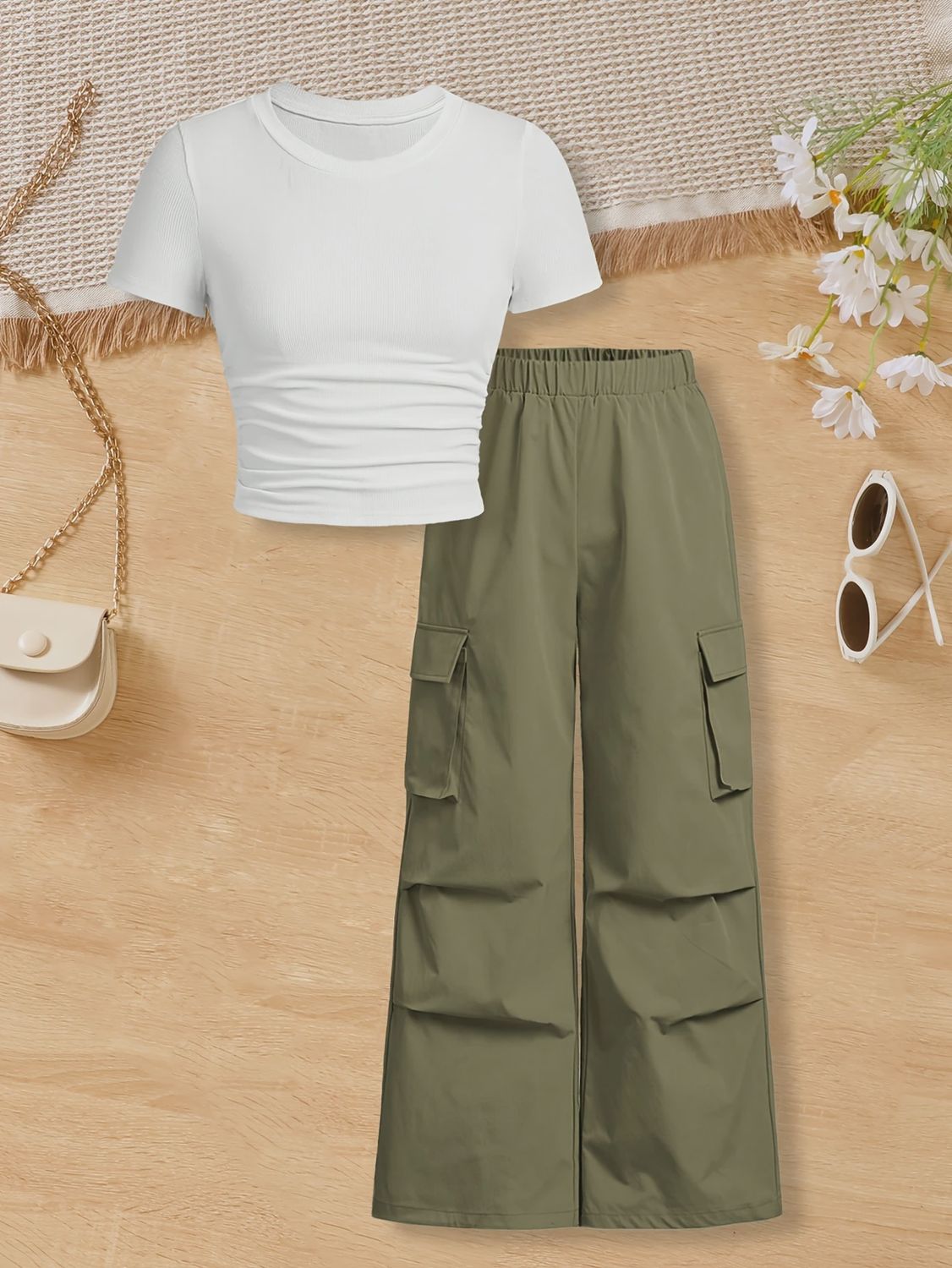 Girls&#39; Summer Short-Sleeved T-Shirt Slimming Fit Solid Color Short Shoulder Top &amp; High Street Design Straight Wide Leg Casual Pants, Size: 13Y