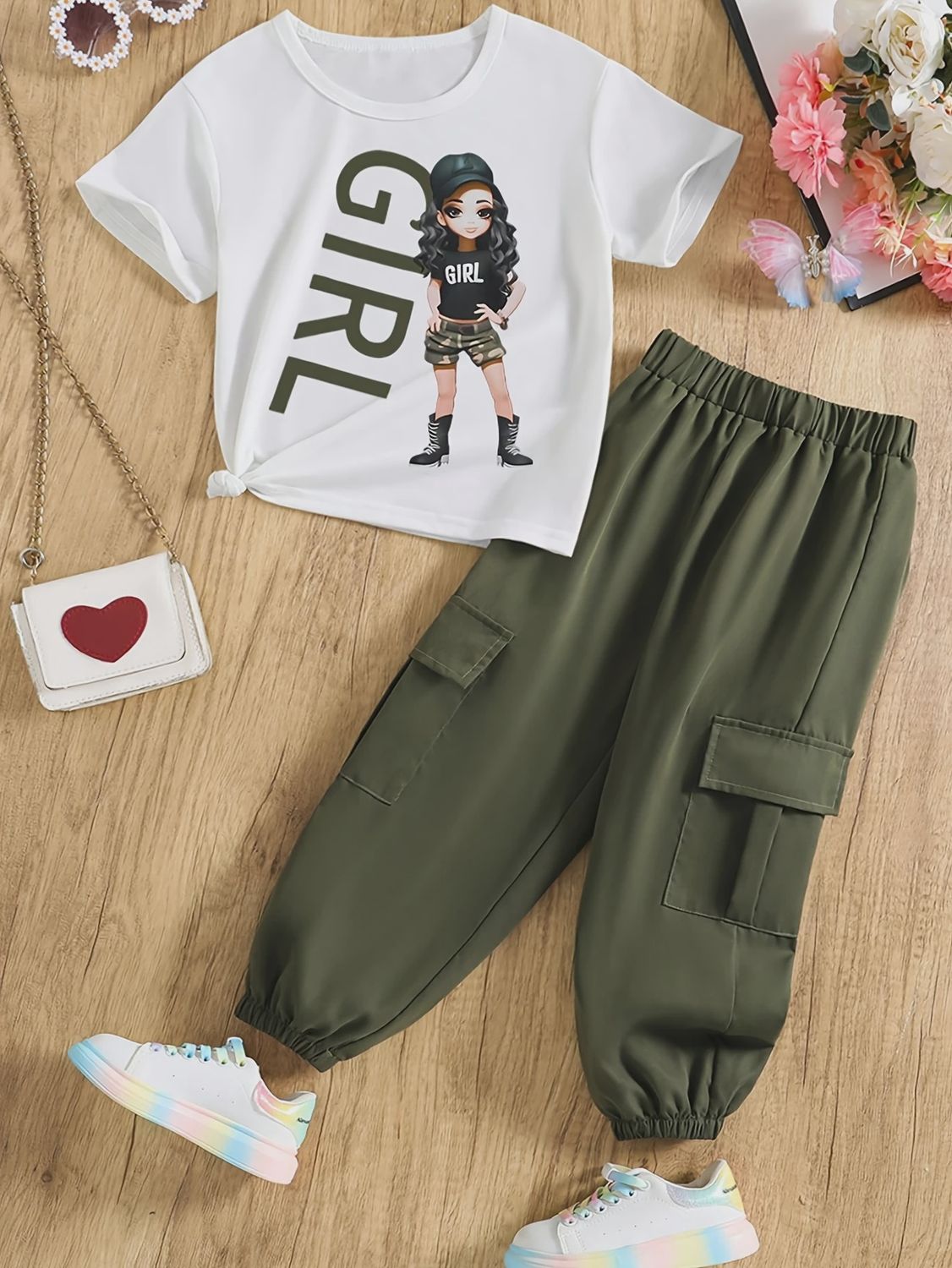 Big Girls&#39; Summer Set with White Round Neck Short Sleeve with Letter Pattern Print, Size: 8Y