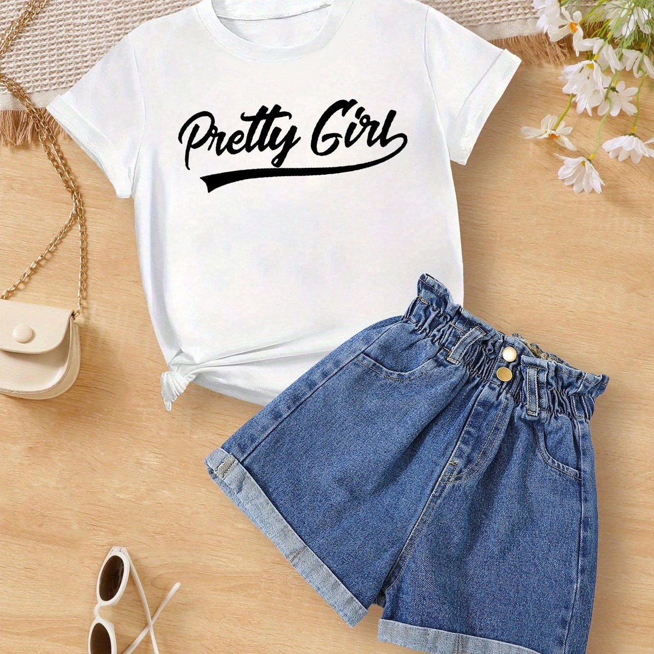 Girls&#39; Summer Casual Polyester T-Shirt with &quot;Pretty Girl&quot; Letter Print &amp; Denim Shorts Set, Size: 9-10Y