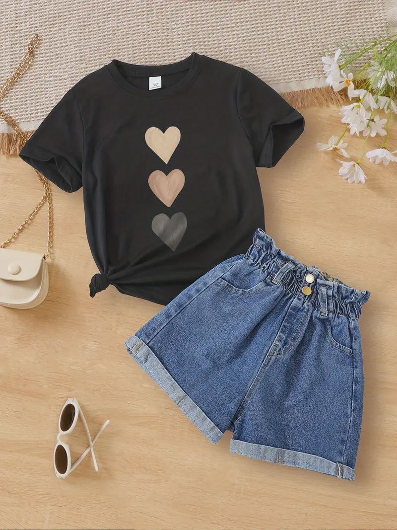 Hearts Graphic Print Tee, Girls Casual &amp; Trendy T-shirt For Spring &amp; Summer, Girls Comfy Clothes For Street Wear, Size: 9-10Y