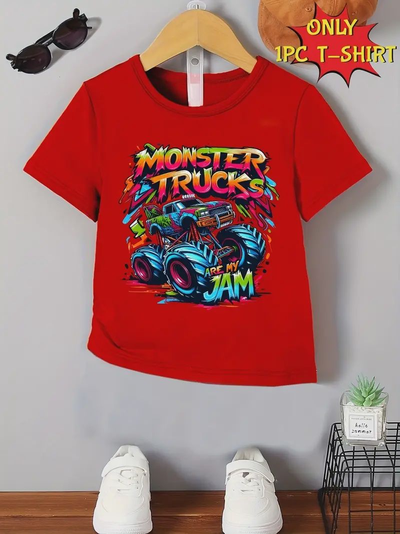 MONSTER TRUCK JAM Cartoon Print Short Sleeve Crew Neck T-shirt, Size: 1-2Y