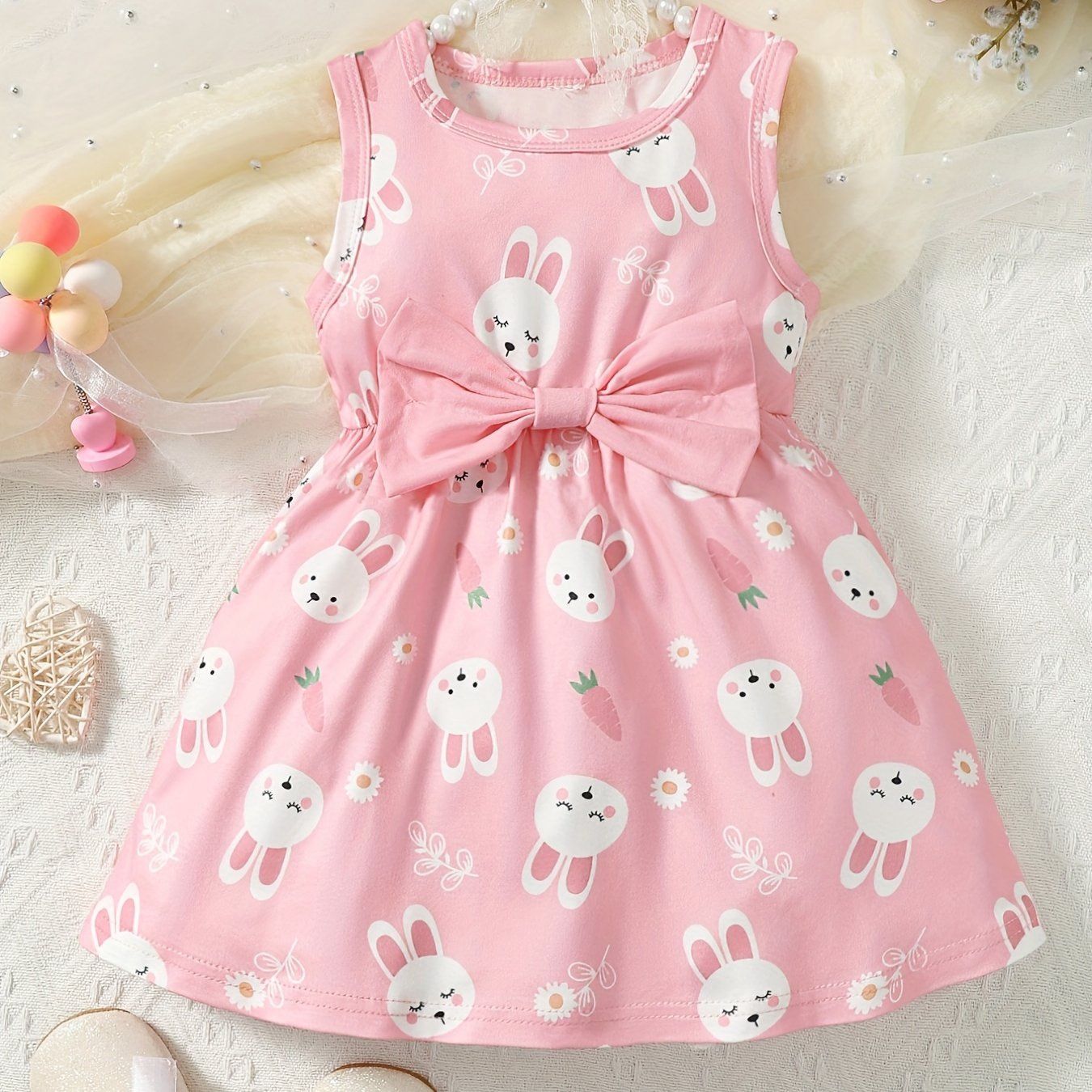 Baby Girls Cute Rabbit Graphic Print Bowknot Sleeveless Dress, Size: 6-9M
