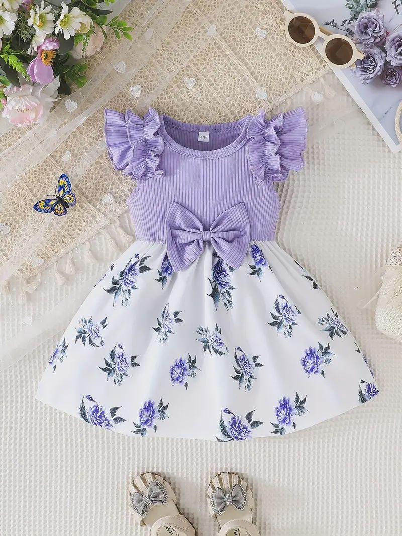 Girls&#39; Purple Floral Print Casual Dress with Ruffled Sleeves &amp; Bow Detail, Size: 2-3Y