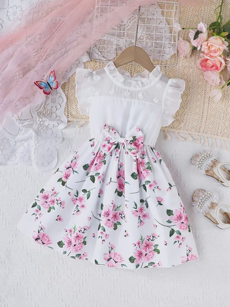 Girls&#39; Sweet Floral Print Mesh Dress with Ruffled Sleeves and Bow Detail, Size: 6Y