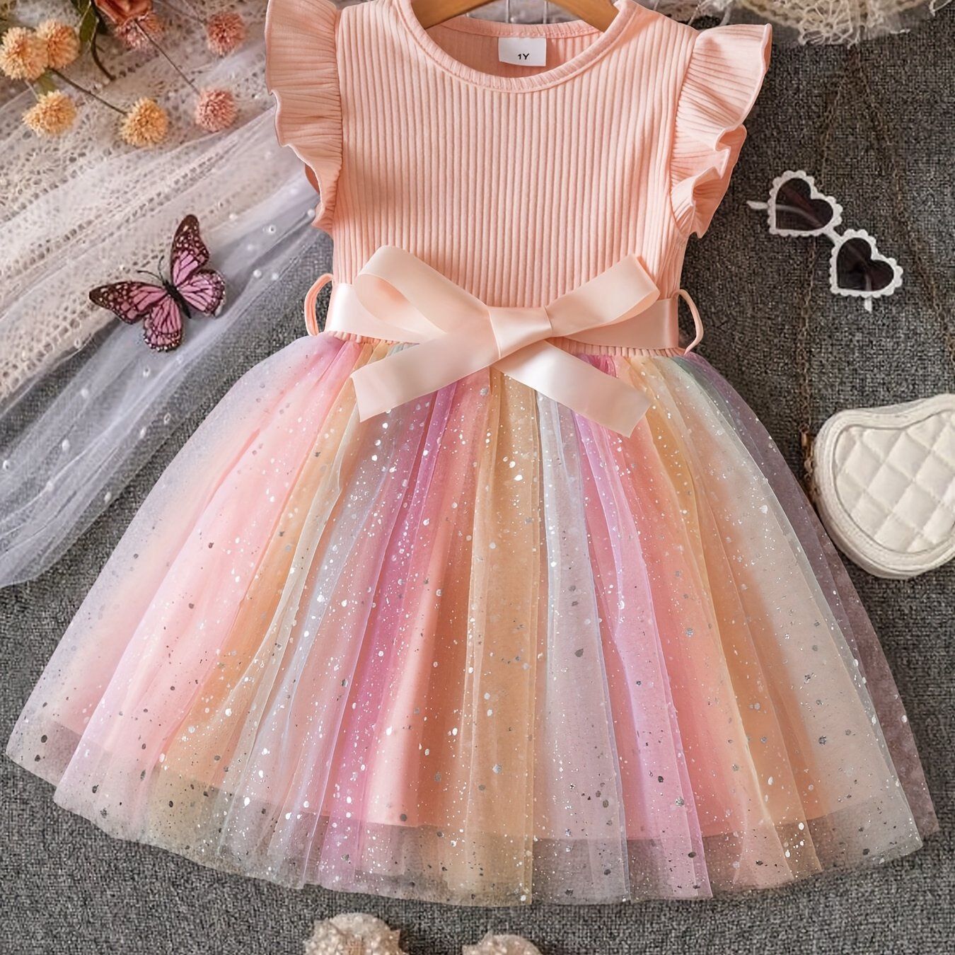 Sweet Starry Sequin Gradient Tulle Princess Dress for Girls, Size: 3Y