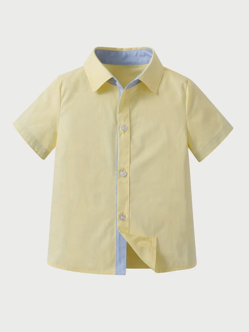 Boys&#39; Chic Summer Yellow Short-Sleeve Dress Shirt with Light Blue Collar, Size: 3-4Y