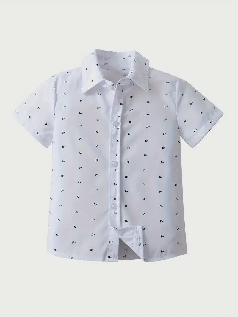 Charming Boys&#39; White Short-Sleeve Dress Shirt with Geometric Print, Size: 6-9M