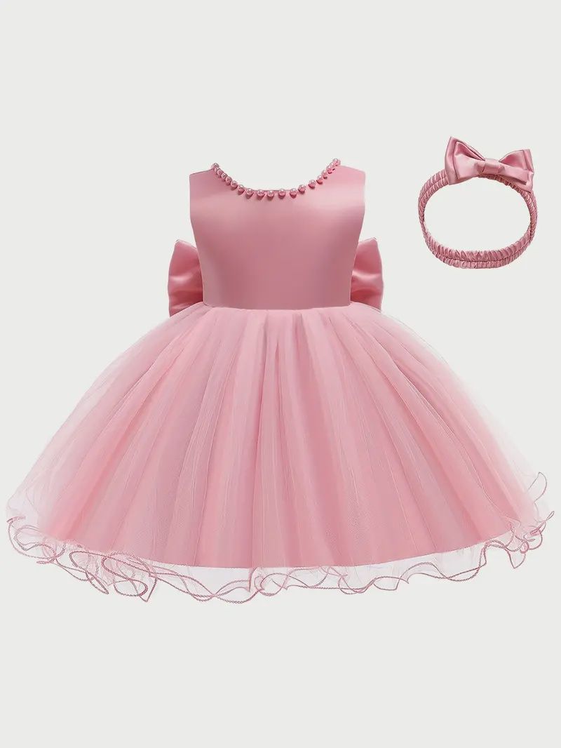 Baby Girls Ruffle Lace Backless with Headwear Bowknot Princess Dresses, Size: 3M, Color: Pink