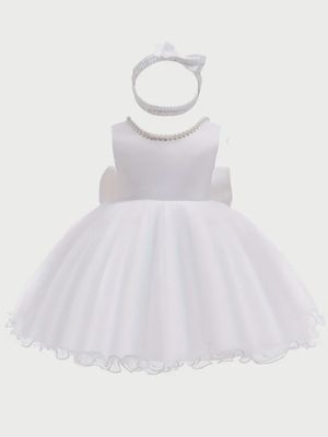 Baby Girls Ruffle Lace Backless with Headwear Bowknot Princess Dresses