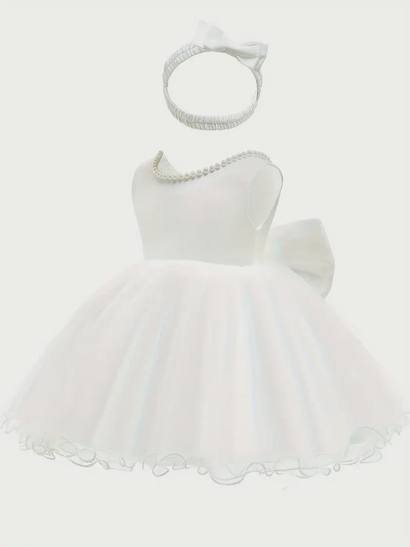 Elegant Baby Girl&#39;s Sleeveless Baptismal Dress with Large Bow and Pearl Accents, Size: 3M