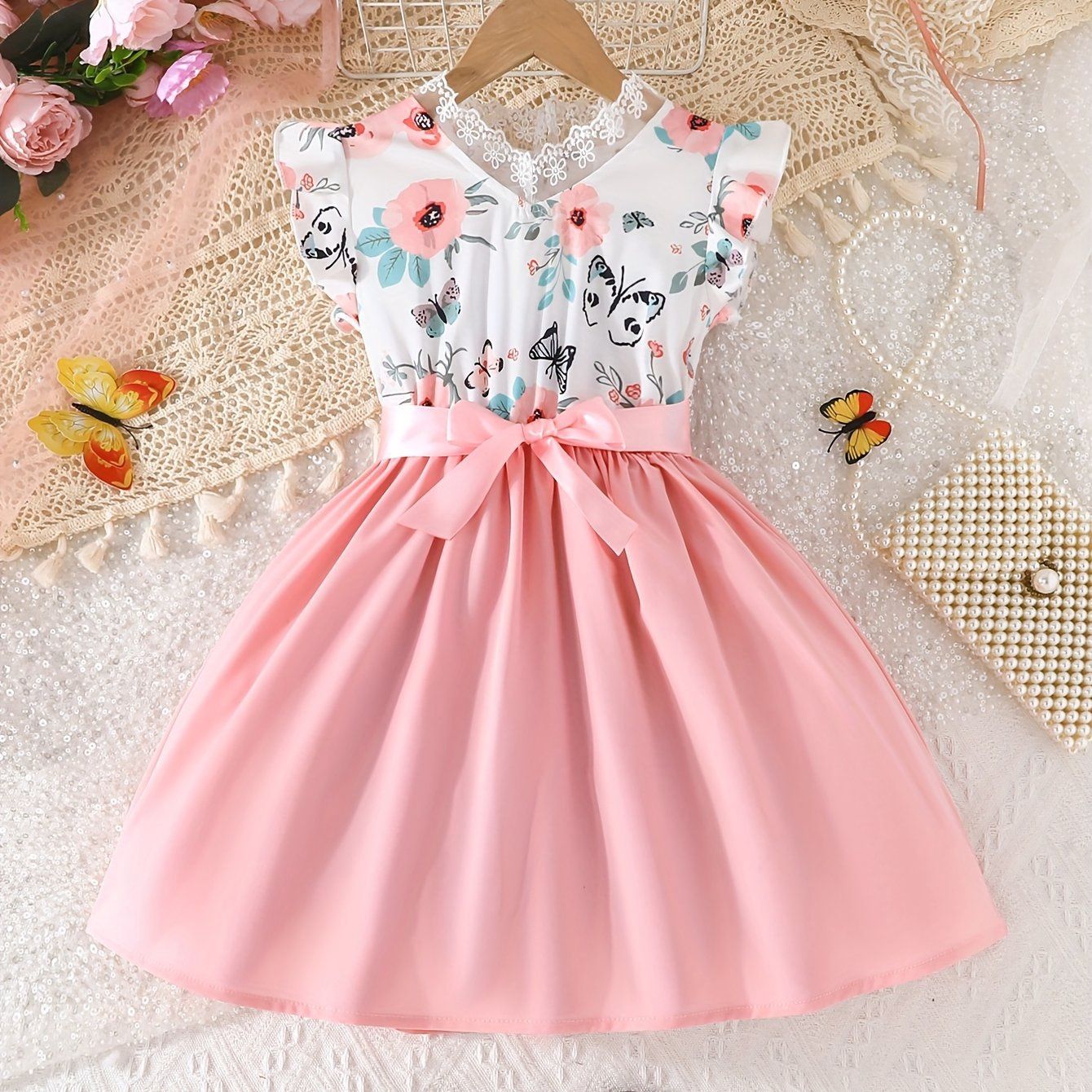 Girls&#39; Floral Print Sleeveless Dress with Ruffled Collar &amp; Belt, Size: 4Y