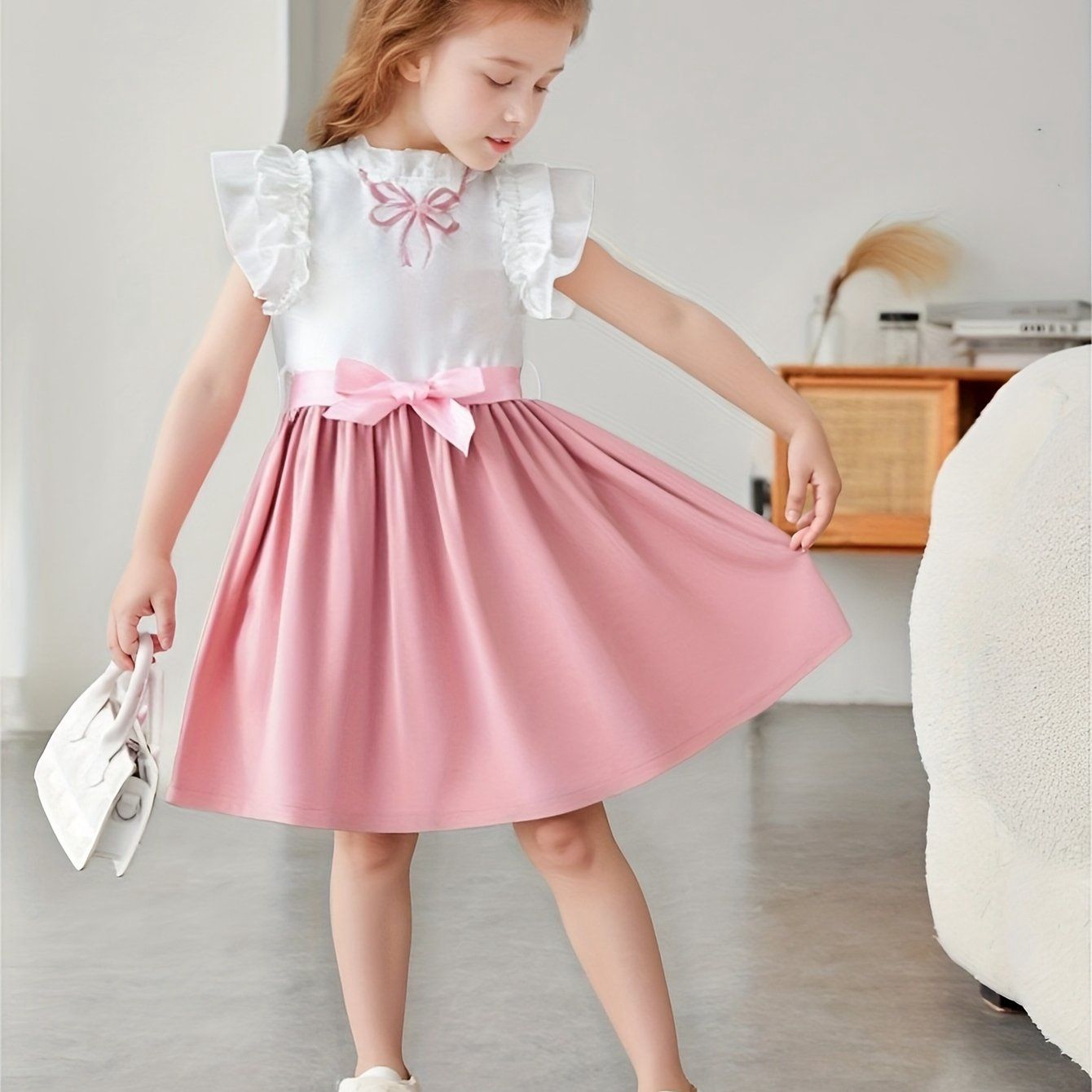 Girls&#39; Elegant Princess Dress with Heart Print, Ruffled Sleeves &amp; Belted Waist, Size: 3-4Y