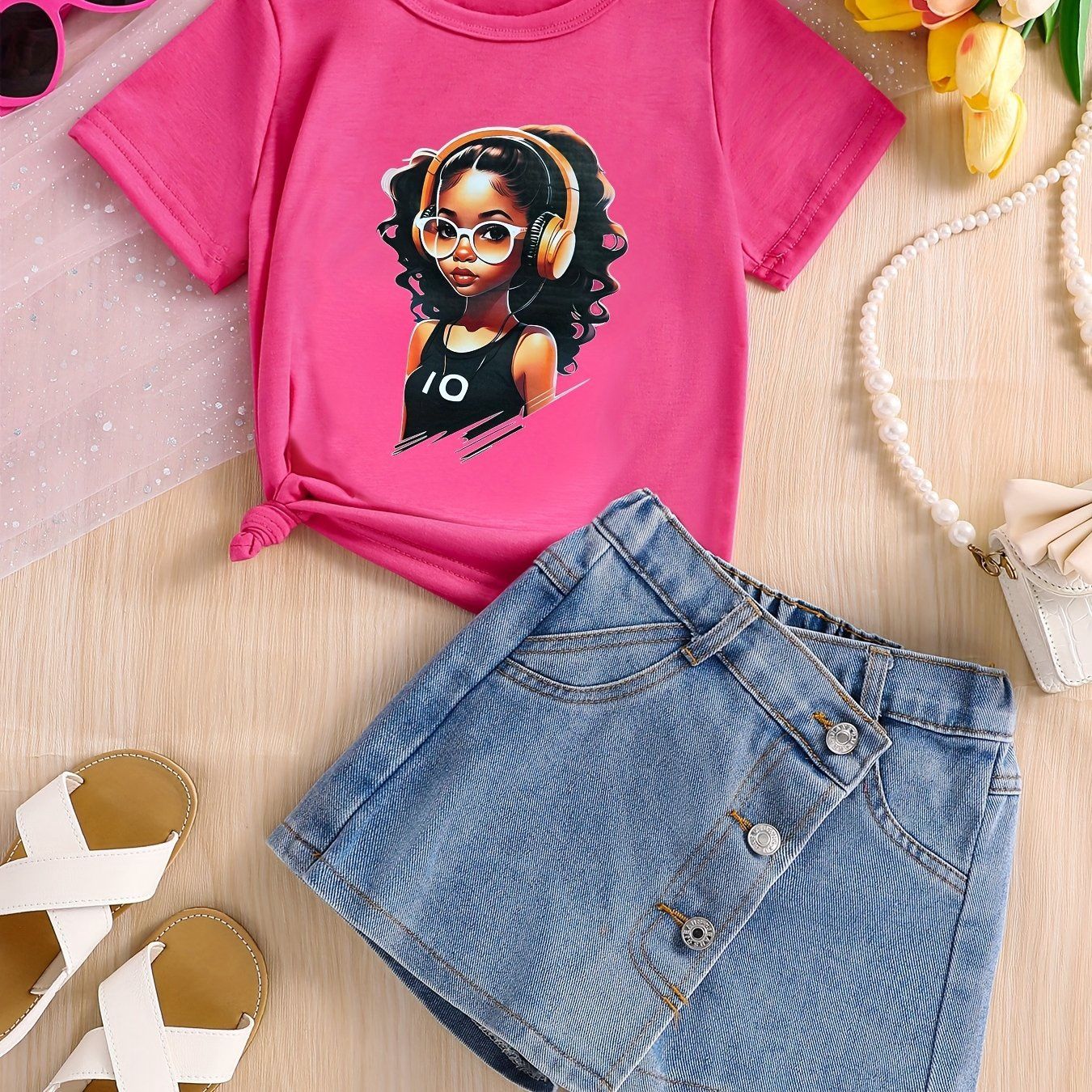 Two-piece Set for Girls with Denim Shorts and T-shirt, Size: 5Y