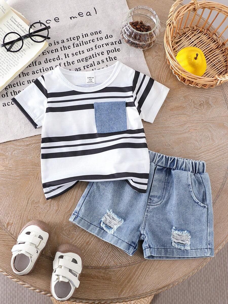 2pcs/Set Toddler Infant Baby Boys Casual Striped Pocket Round Neck Short Sleeve T-Shirt And Ripped Washed Denim Shorts, Size: 18-24M