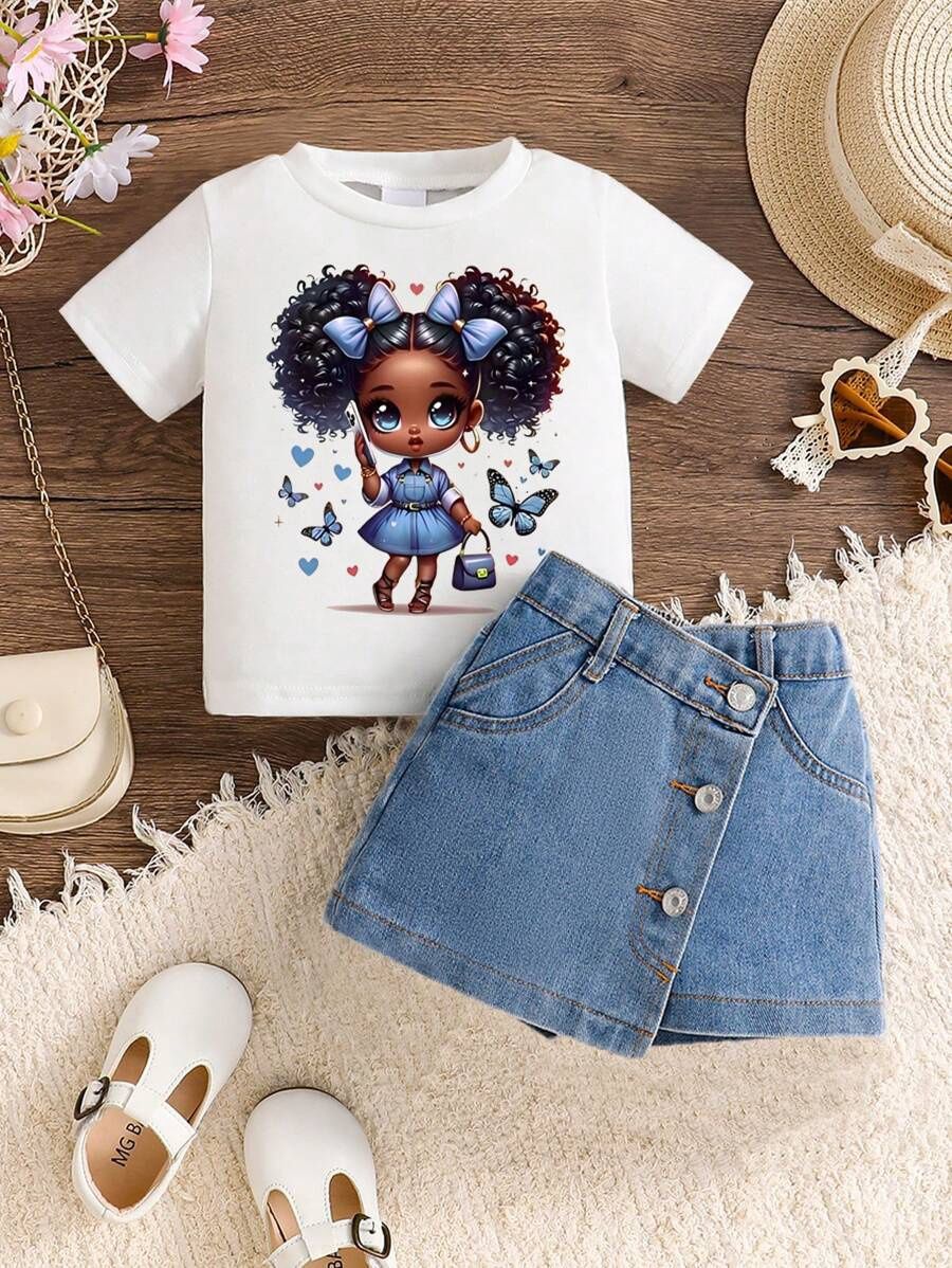 Baby Girl Cartoon Character Print Short Sleeve T-Shirt And Shorts, Size: 12-18M