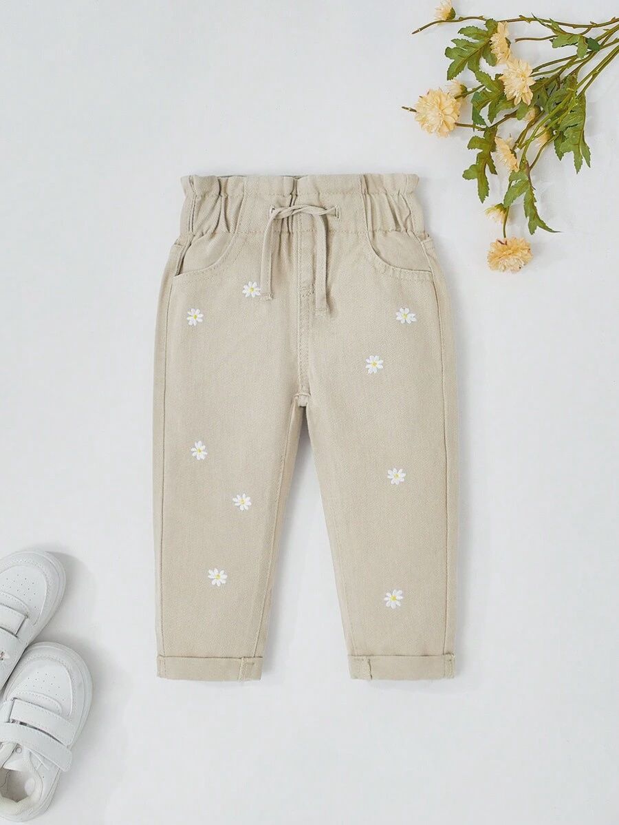 Baby Girl Floral Embroidery Paper Bag Waist Denim Pants, Size: 18-24M, Color: Tan