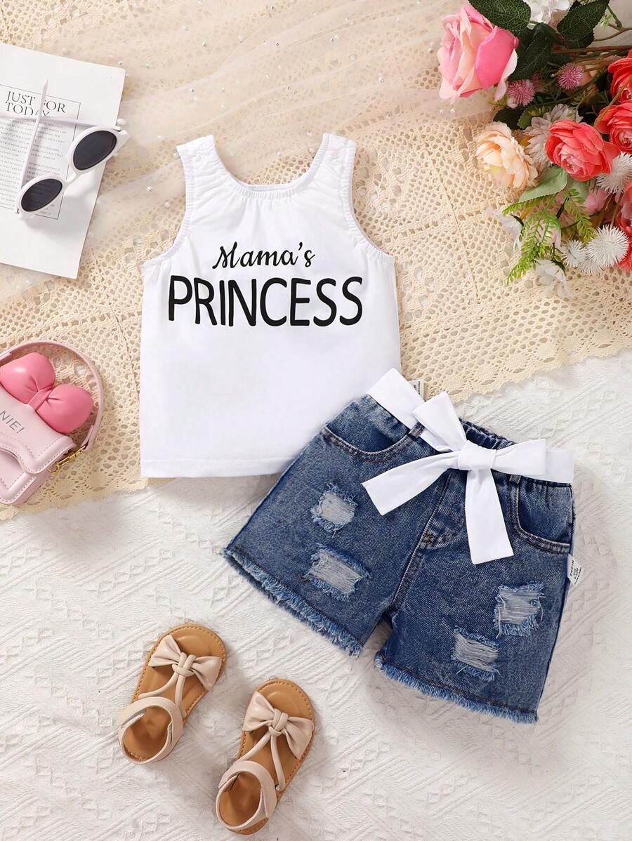 Baby Girl Casual Cute Letter Printed Vest Top &amp; Distressed Denim Shorts, Size: 6-9M