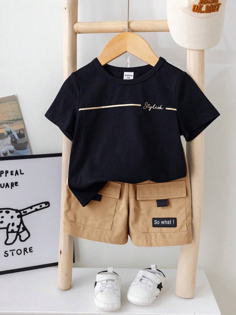 Toddler Boy/Girl Casual Letter Print Loose Short Sleeve T-Shirt And Cargo Shorts Set, Size: 18-24M