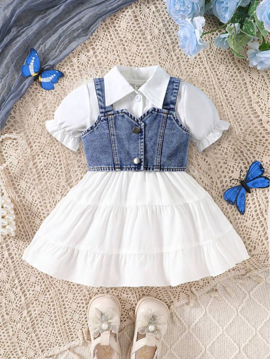 Baby Girl Short Puff Sleeve Ruffle Hem Dress And Single Breasted Strap Vest Set, Size: 9-12M
