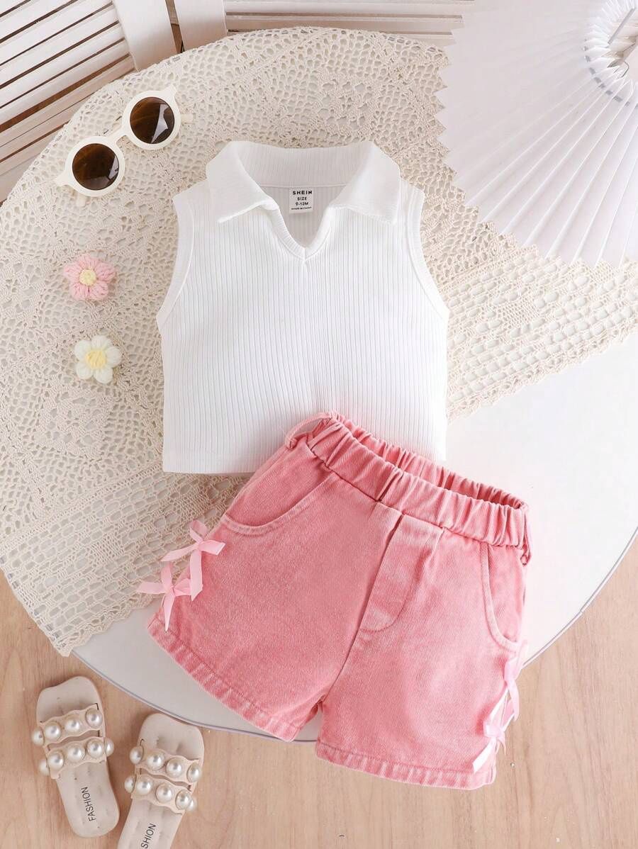 Infant/Toddler Girls Sweet Elegant Casual White Ribbed Sleeveless Top With Pink Denim Washed Shorts, Size: 12-18M