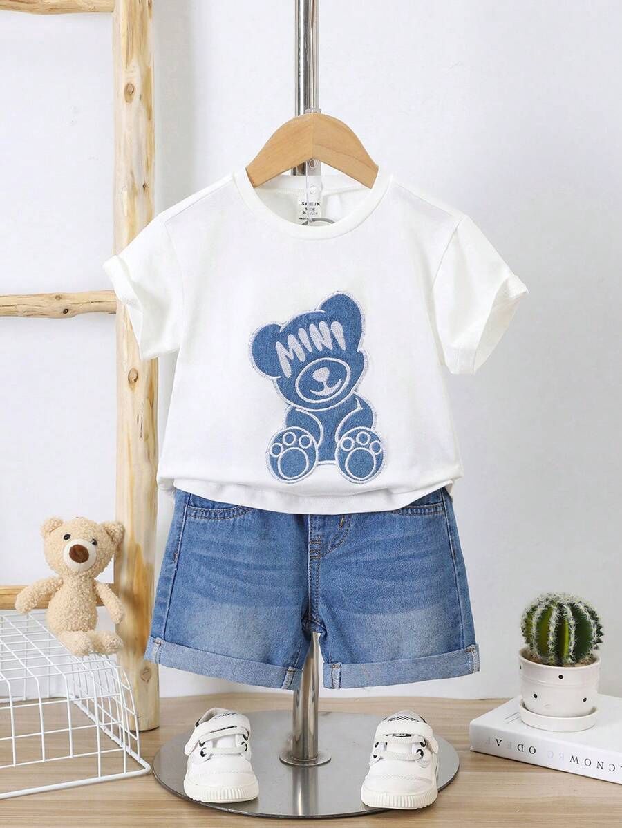 Baby Boys&#39; 2pcs/Set Cute Soft Bear Print Patchwork Round Neck Short Sleeves White T-Shirt And Blue Washed Straight Leg Denim Shorts Set, Size: 18-24M