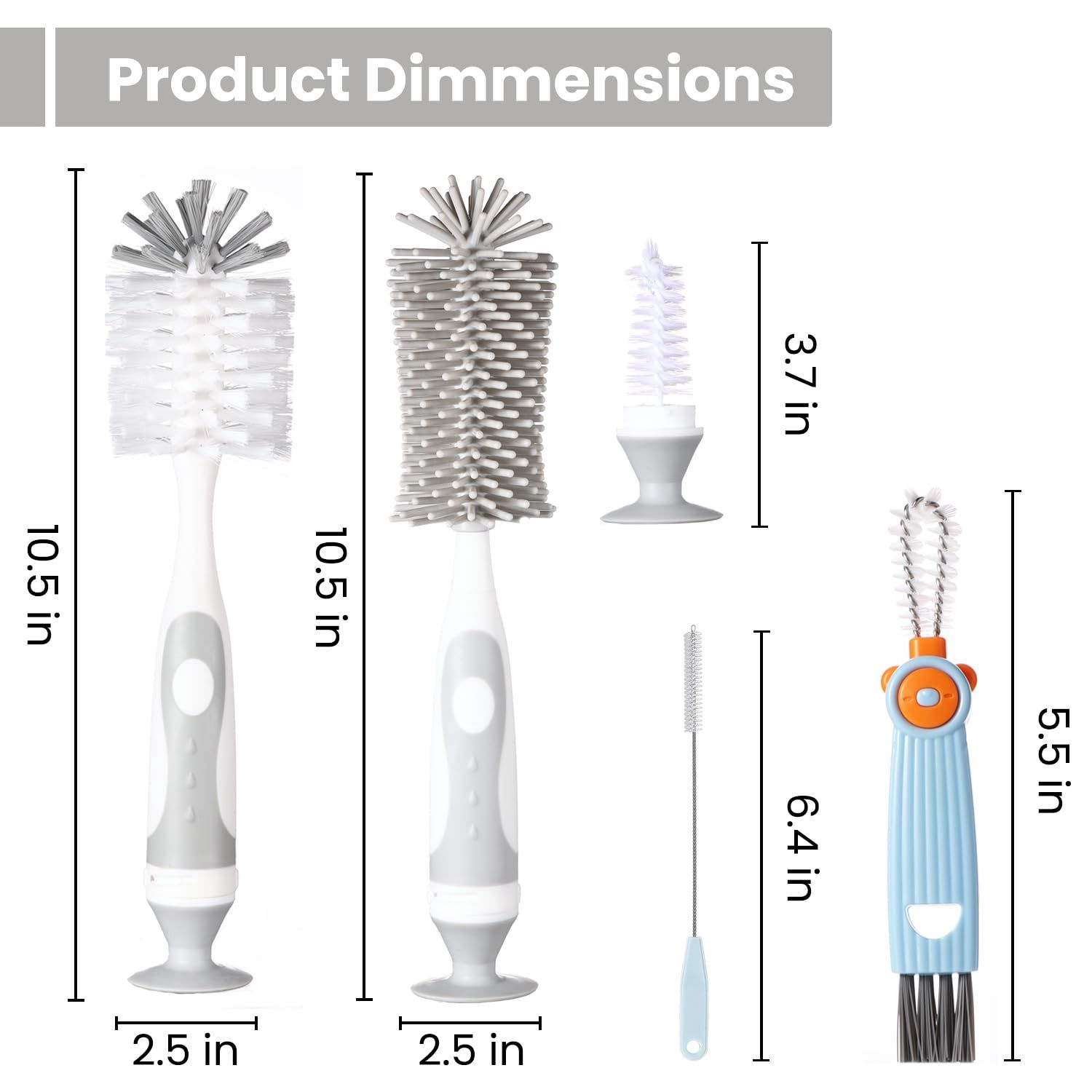 5-in-1 Baby Bottle Cleaner Set, Including Nylon &amp; Silicone Bottle Brush, Cap, Straw &amp; Nipple Brushes