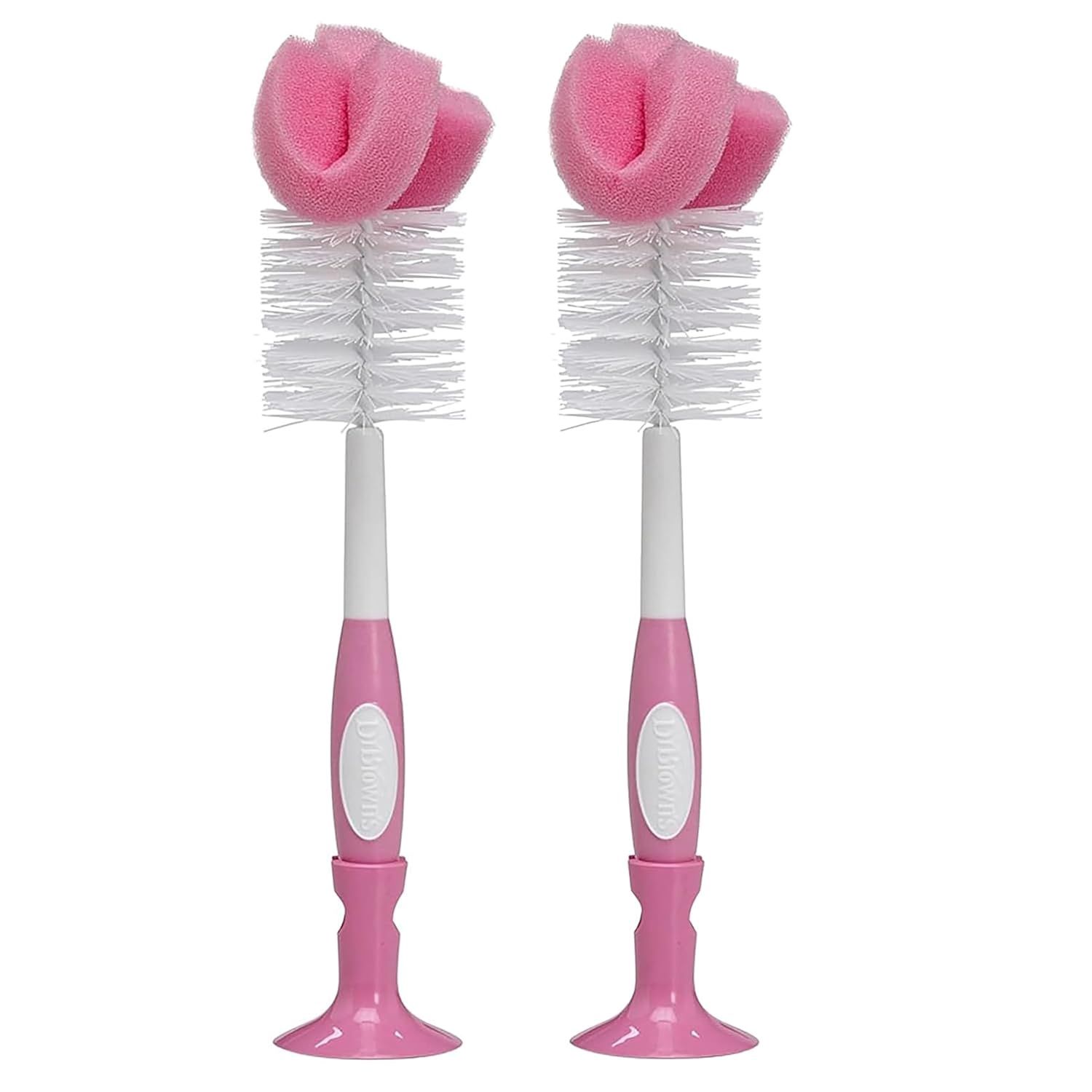 Dr. Brown&#39;s Reusable Sponge Baby Bottle Cleaning Brush with Suction Cup Stand, Scrubber and Nipple Cleaner, Pink 1-Pack