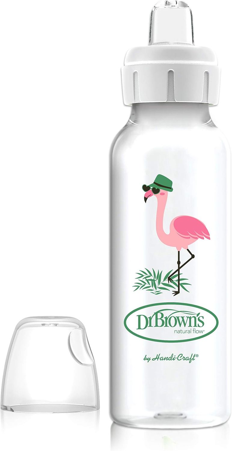 Dr. Brown&#39;s Milestones Narrow Sippy Bottle, 100% Silicone Soft Sippy Spout, 8oz/250mL, Flamingo, 6m+