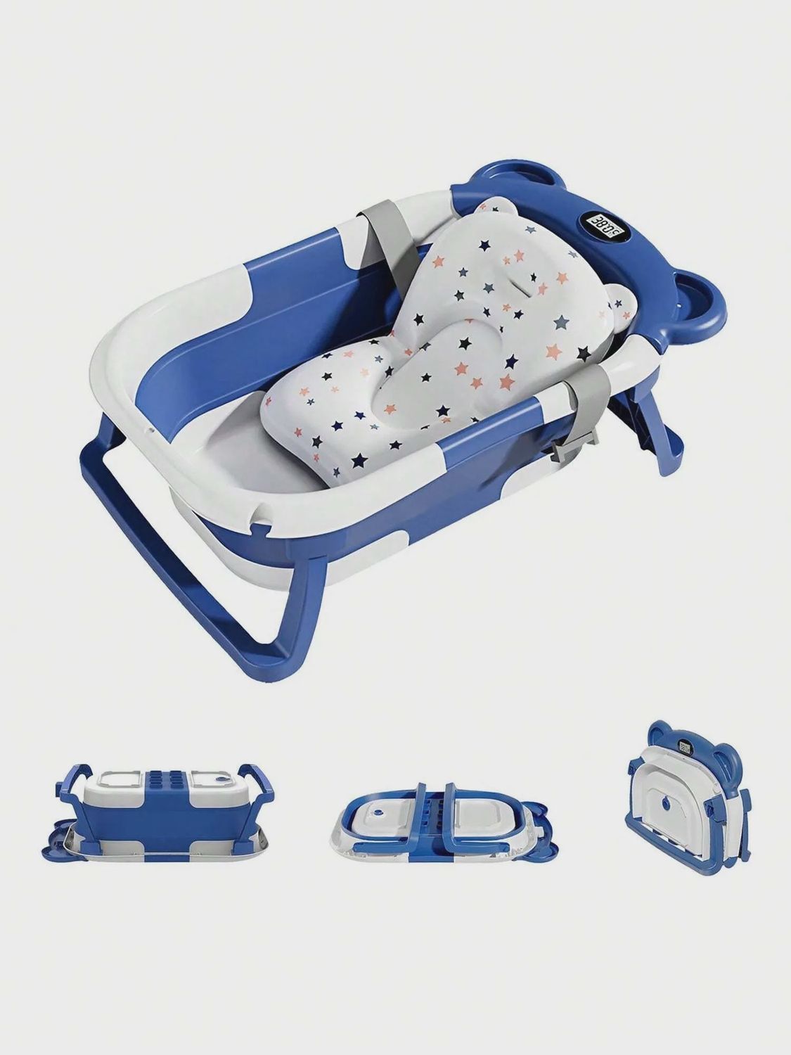 Collapsible Baby Bathtub, Baby Bath Tub with Soft Cushion &amp; Thermometer, Baby Bathtub Newborn to Toddler 0-36 Months, Portable Travel Baby Tub, Color: Blue