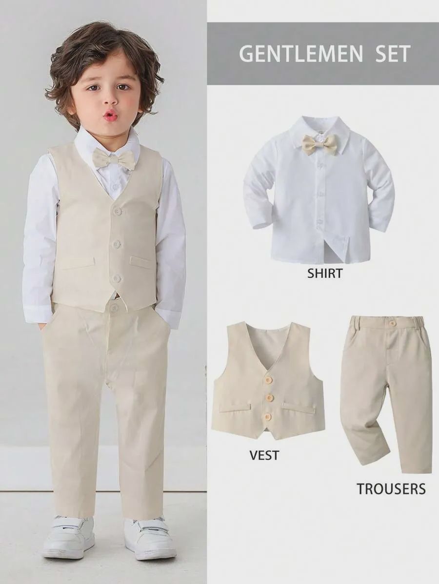 Biege 3pcs Gentlemen Suit With Bowknot, Size: 5Y