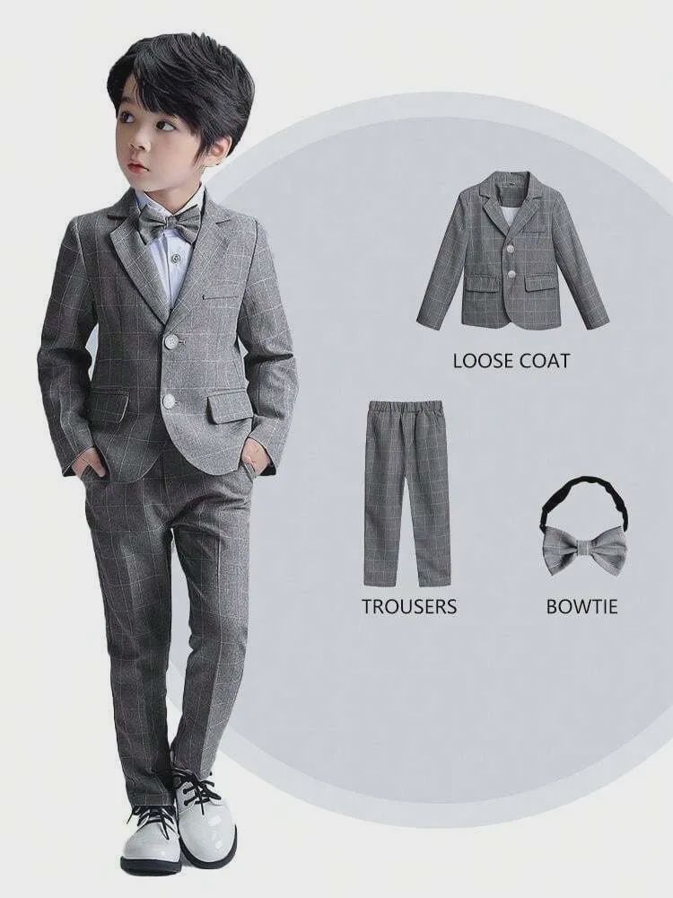 Dark Grey 3pcs/Set Young Boy Plaid Suit Jacket, Size: 5Y