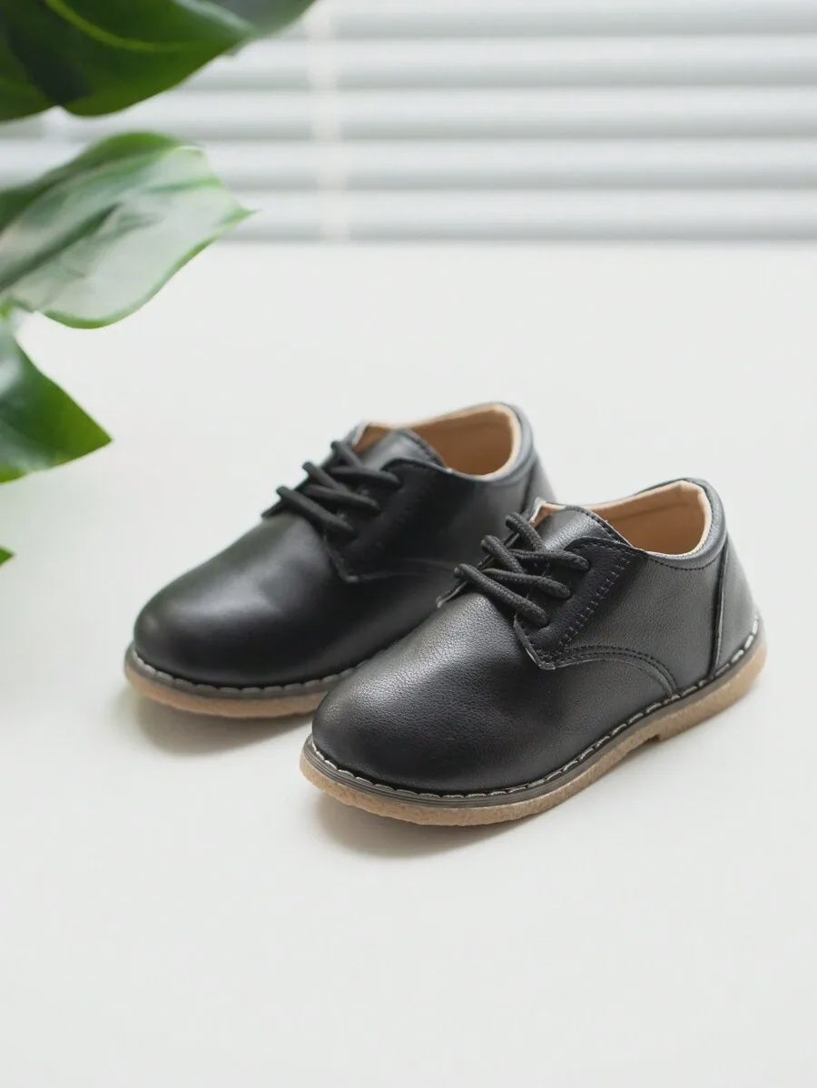 Boys&#39; Pu Leather Oxford Shoes, Round Toe, Lace-up Closure, Flat Sole - Black, Size: EUR 29 (5-5.5 yrs)