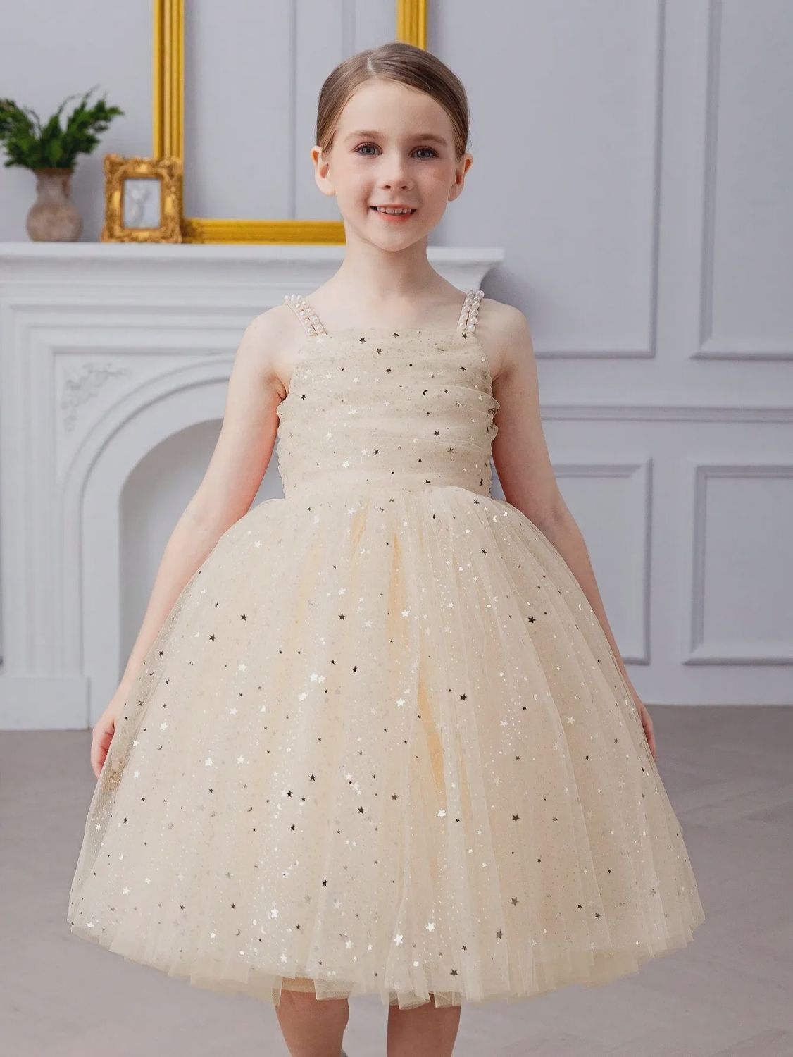 Girl&#39;s Spaghetti Strap Bow Beaded Sequin Tulle Elegant Grad Dress, Size: 5Y, Color: Gold