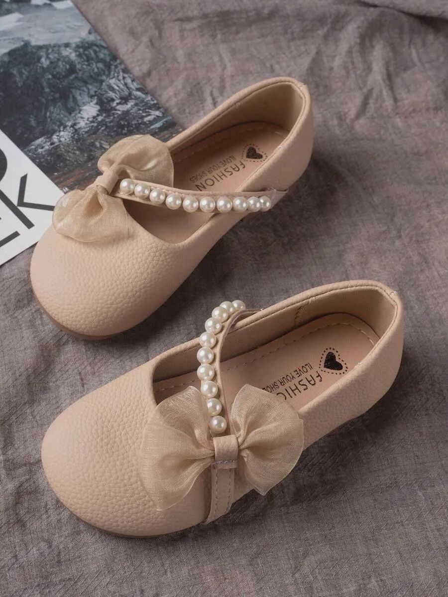 Kids Faux Pearl Bow Decor Cute Flat Shoes - Brown, Size: EUR 29 (5-5.5 yrs)