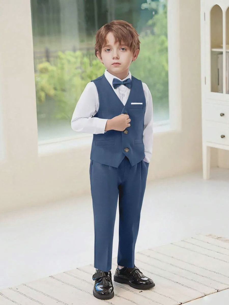 4pcs Young Boy Slim Fit Formal Suit - Blue, Size: 5Y
