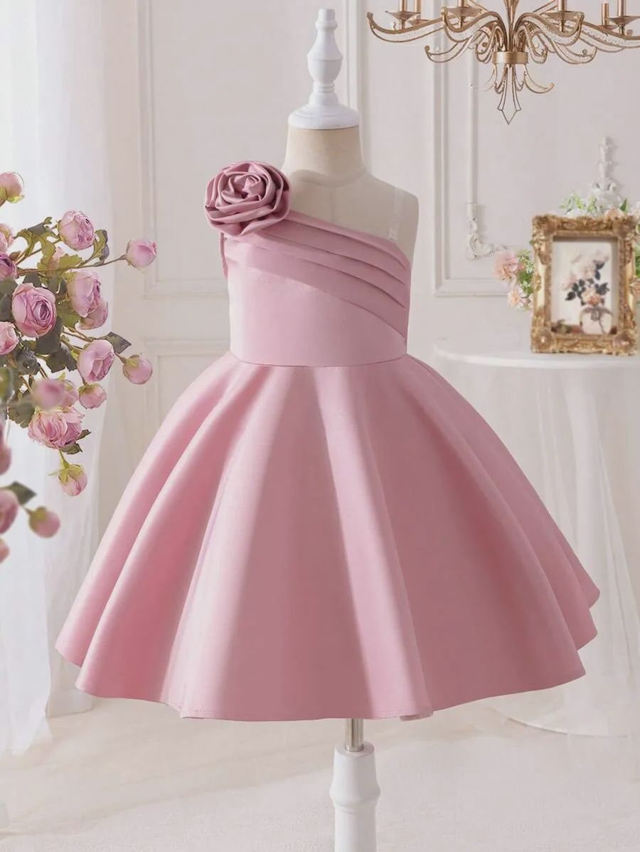 Young Girl Pink Cute,Elegant 3D Floral One Shoulder Ruffle Grad Dress, Size: 5Y