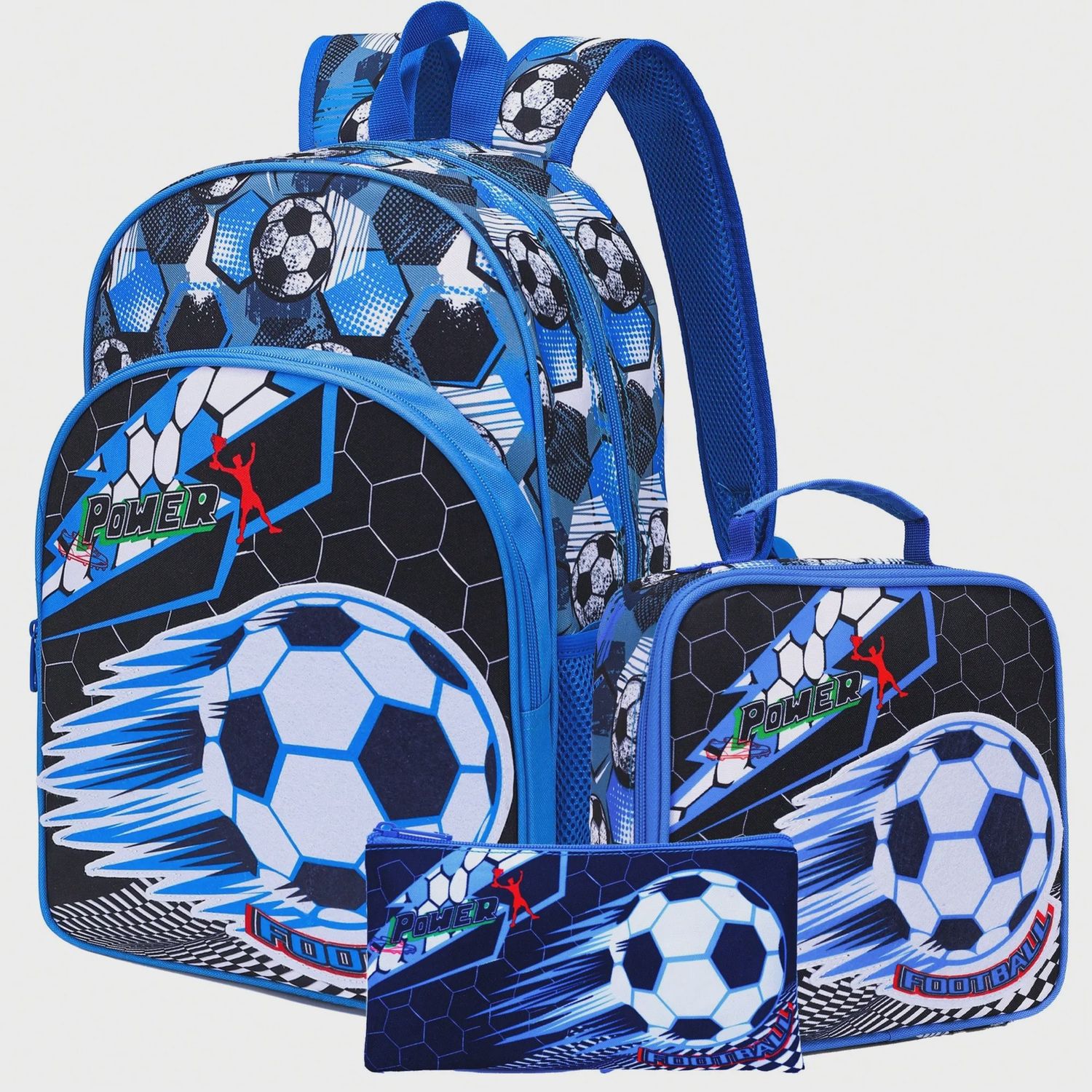 Football-Themed Backpack Set With Lunch Box &amp; Pencil Case&amp;Storage Bag, Color: Foootball Blue