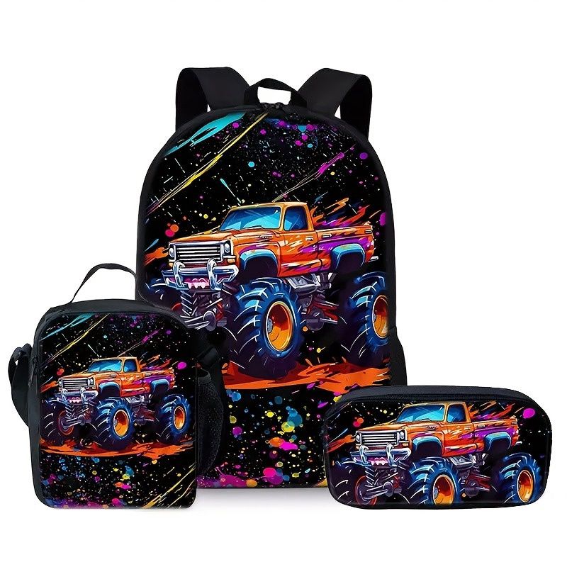 3pcs Cool Truck Backpack Set - Black/Orange
