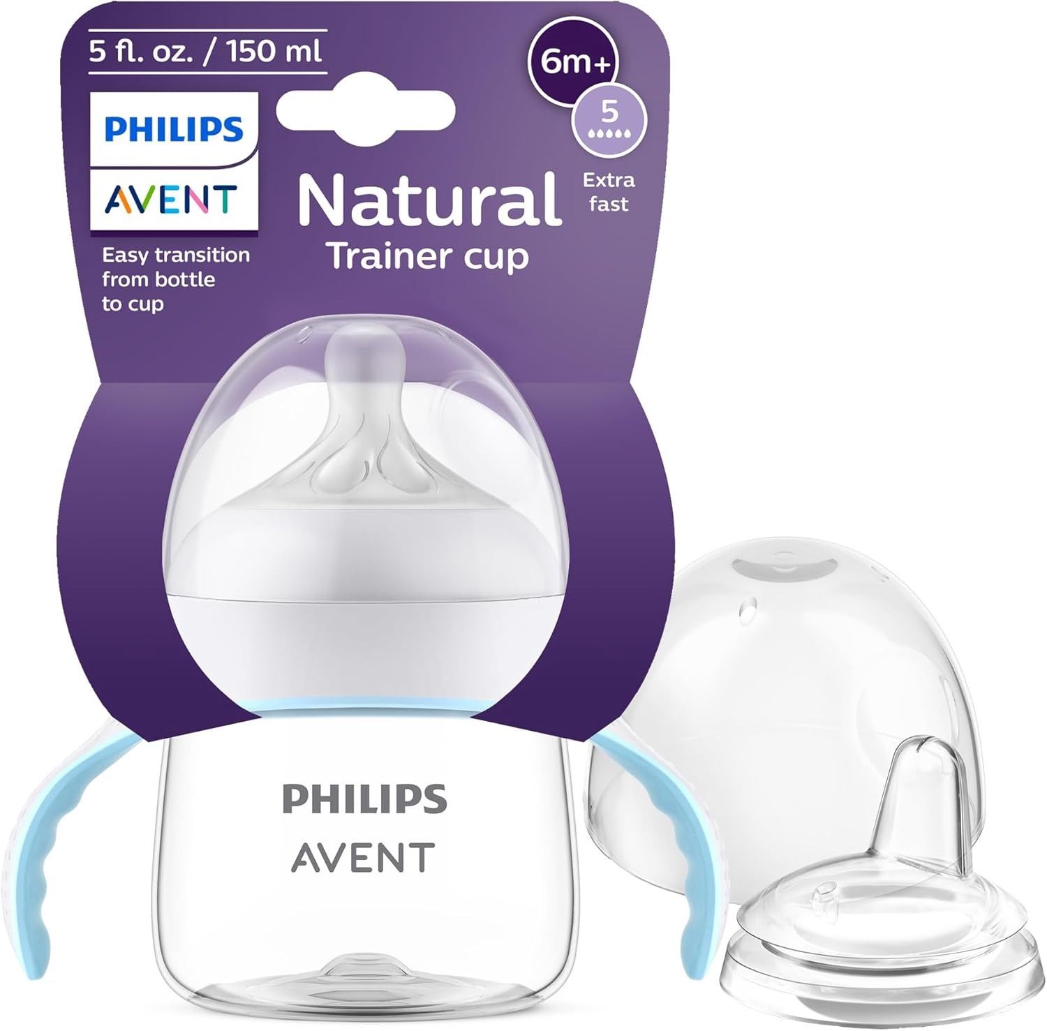 Philips Avent Natural Trainer Cup with Extra Fast Flow Natural Response Nipple (Flow 5) and Soft Spout, 5oz