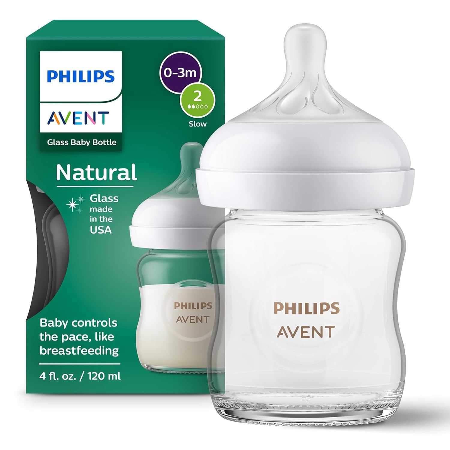 Philips Avent Natural Glass Baby Bottle with Natural Response Nipple (Slow Flow, Flow 2), 4oz