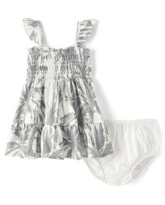 Baby Girls Matching Family Palm Tree Smocked Ruffle Dress - fin gray