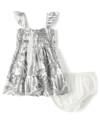 Baby Girls Matching Family Palm Tree Smocked Ruffle Dress - fin gray
