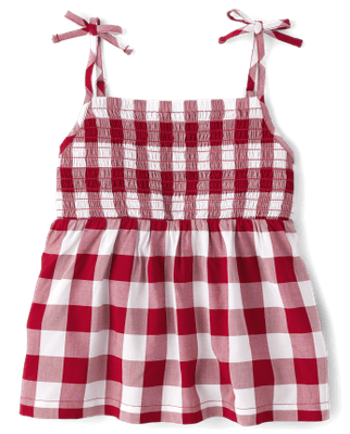 Girls Smocked Gingham Tie Shoulder Top - Red