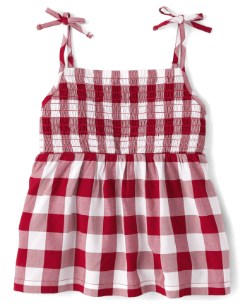 Girls Smocked Gingham Tie Shoulder Top - Red