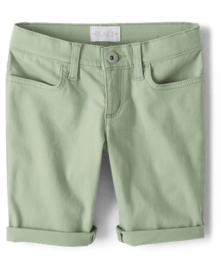 Girls Roll Cuff Twill Skimmer Shorts - Green