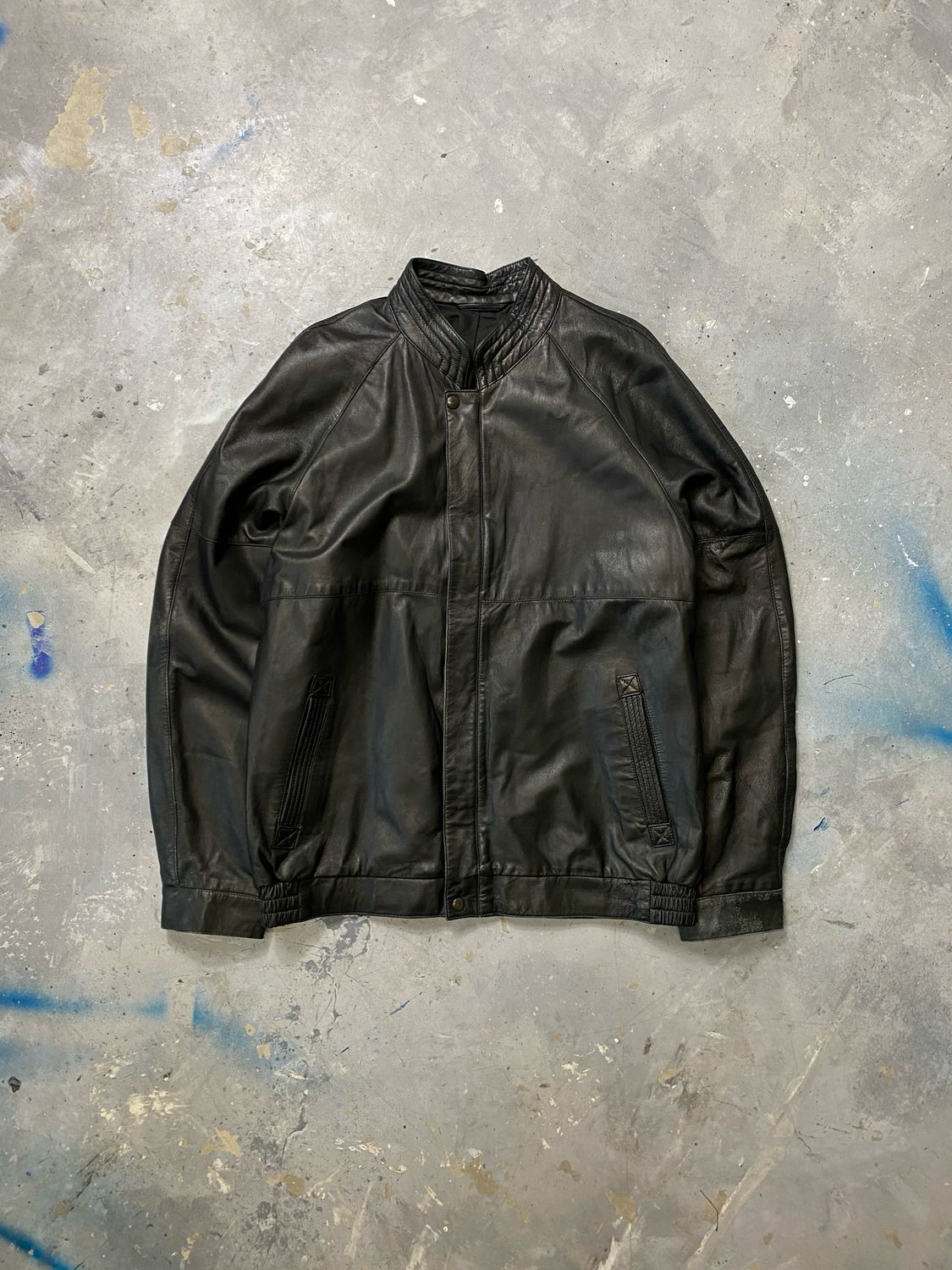 Kurtka Leather Vintage NoCollar Jacket Black L